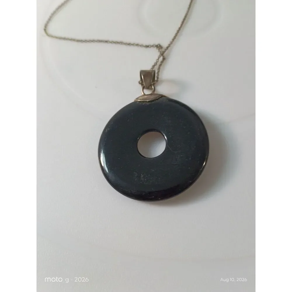 Black Donut Pendant Necklace in Wire-Wrapped Silver & Gold Motif